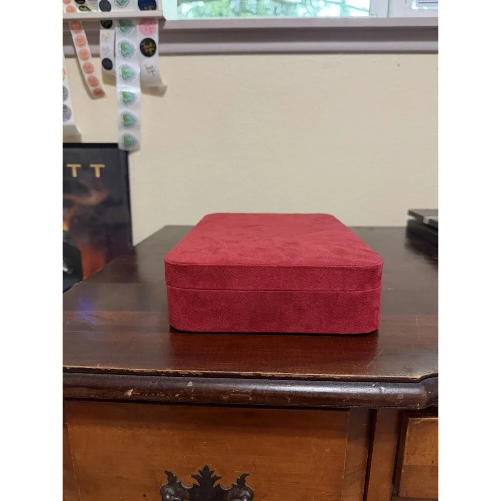 Vintage Red Jewelry Flat Box With Key & Inside Mirror